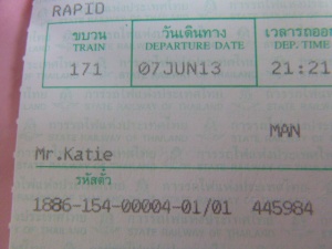 My ticket to Hat Yai. Also, the first time it ever occurred to me that "Katie" could be a masculine sounding name.